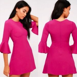 LULUS Center of Attention Magenta Flounce Sleeve Dress (S)